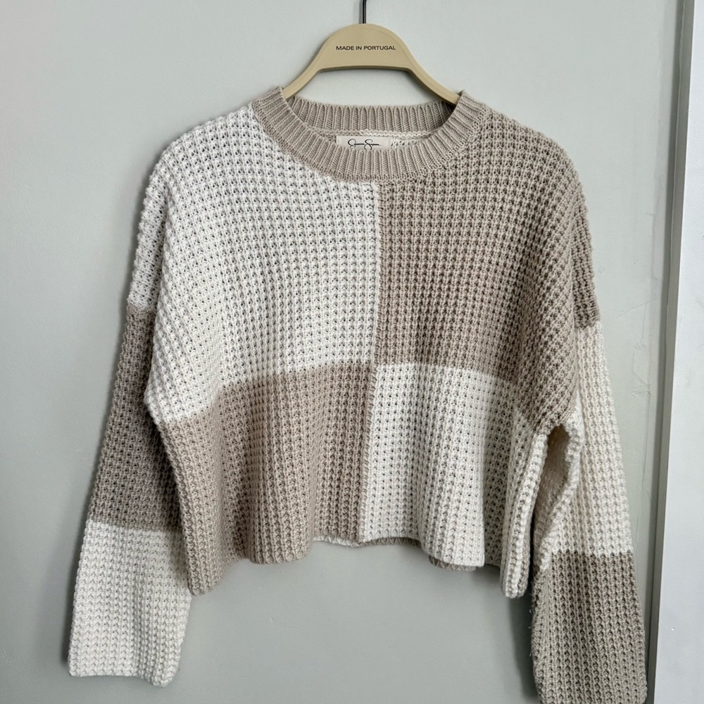 Jessica Simpson Beige and Cream Colorblock Waffle Knit Crewneck Sweater